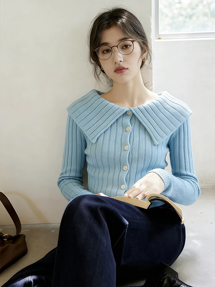 

Korean Sle Dopne Blue One oulder Knitted Open Cardigan Women's Spring Inner Wear Pure Desire oulder Baring Sweater Top