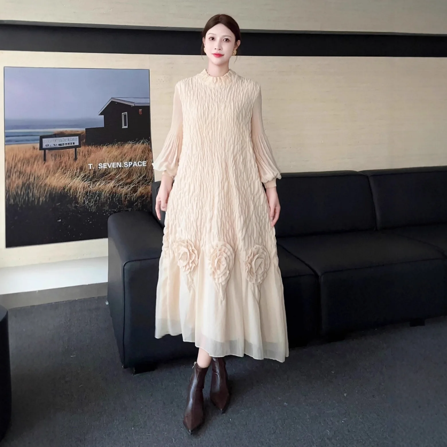 

Miyake Pleated New Loose Plus Size Dress Women's Long-sleeved Autumn and Winter Fashion Heavy Industry Long Bottoming Skirt