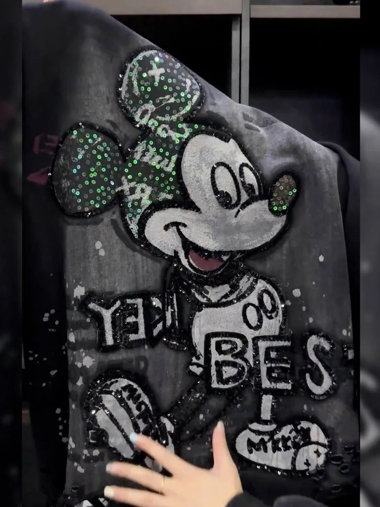 Europejska i amerykańska bluza z długim rękawem, luźna, z cekinami, perforacją i nadrukiem Myszki Miki.