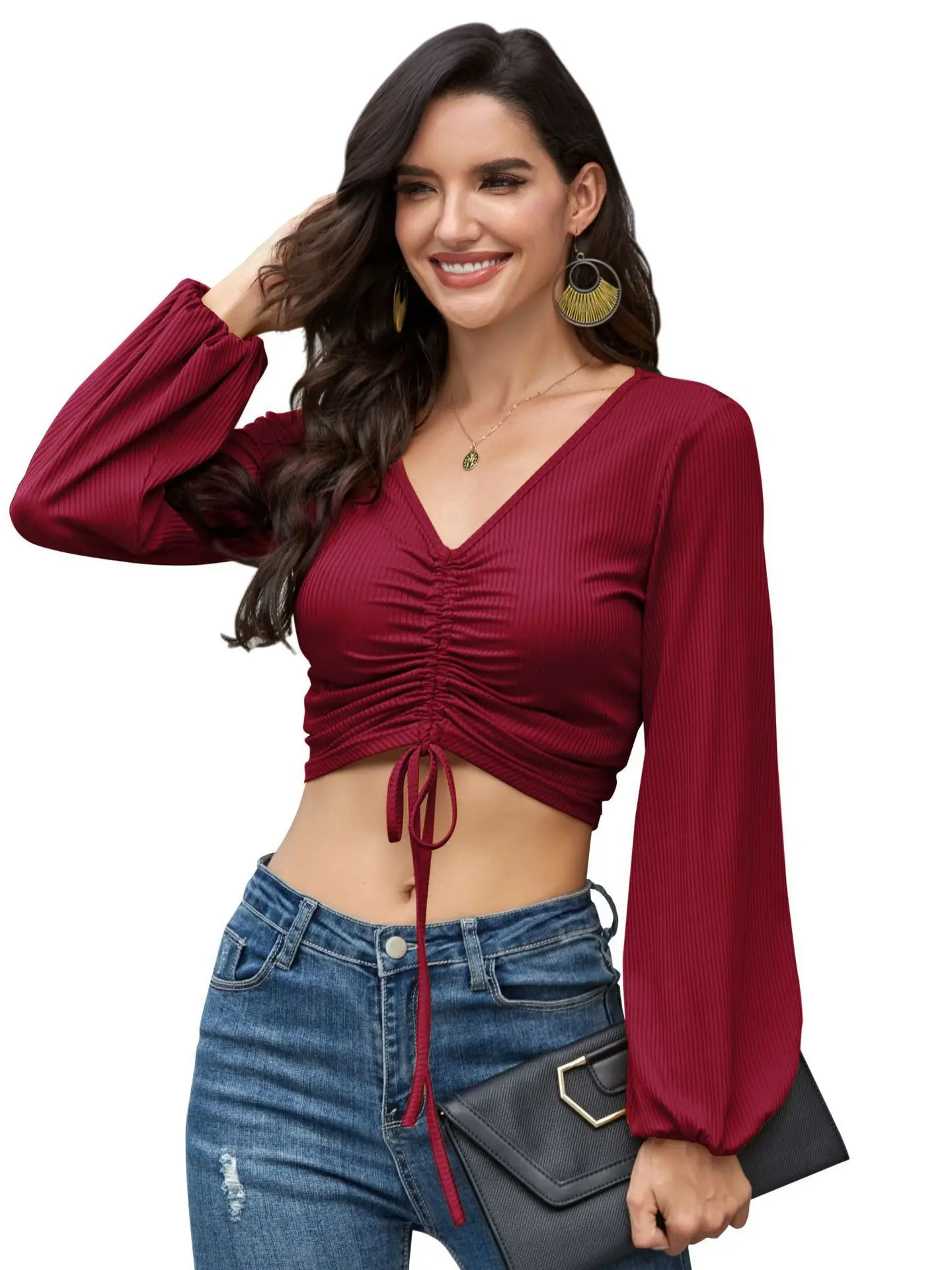 Top de Manga Longa com Decote em V e Cordão Estilo Casual F Design de Cintura Média com Barriga Exposta Moda de Outono