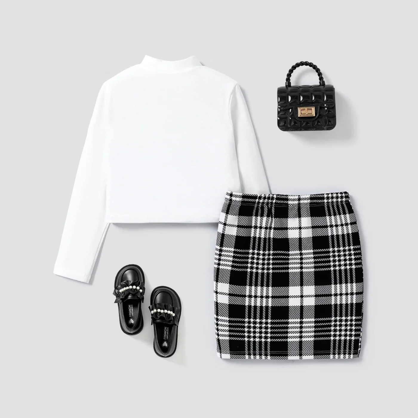 PatPat Kid Girl Stand Collar Grid/Houndstooth Skirt Suit Soft and Comfortable  Perfect for Outings and Daily Wear Basic Style