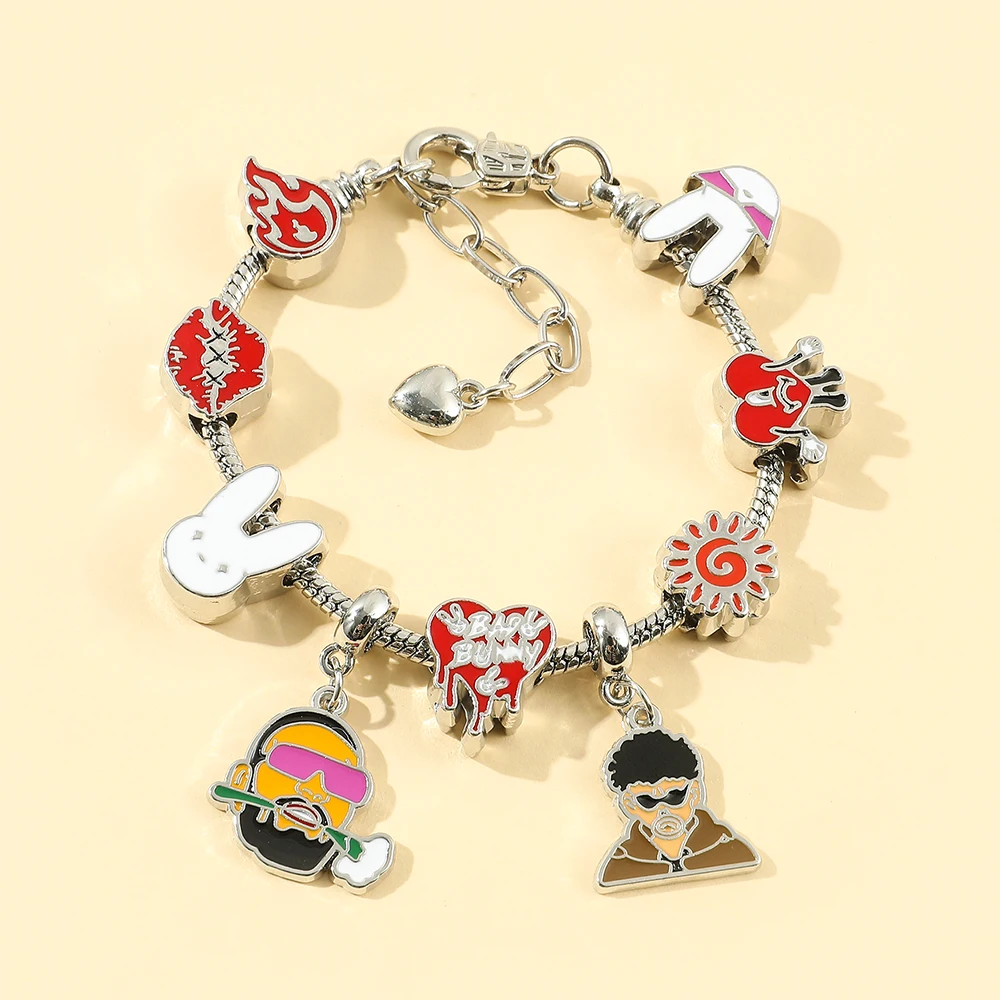 Rapper Bad Bunny Charms Bracelet for Fans Gift Bad Rabbit Love Heart Pendant Beads Bangle Bracelet for Women Jewelry Accessories