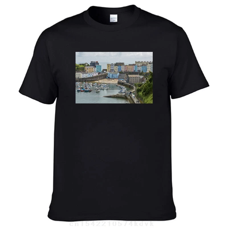 Tenby Harbour Boats And Town Houses T-Shirt blacks boys animal print  mens t shirts pack