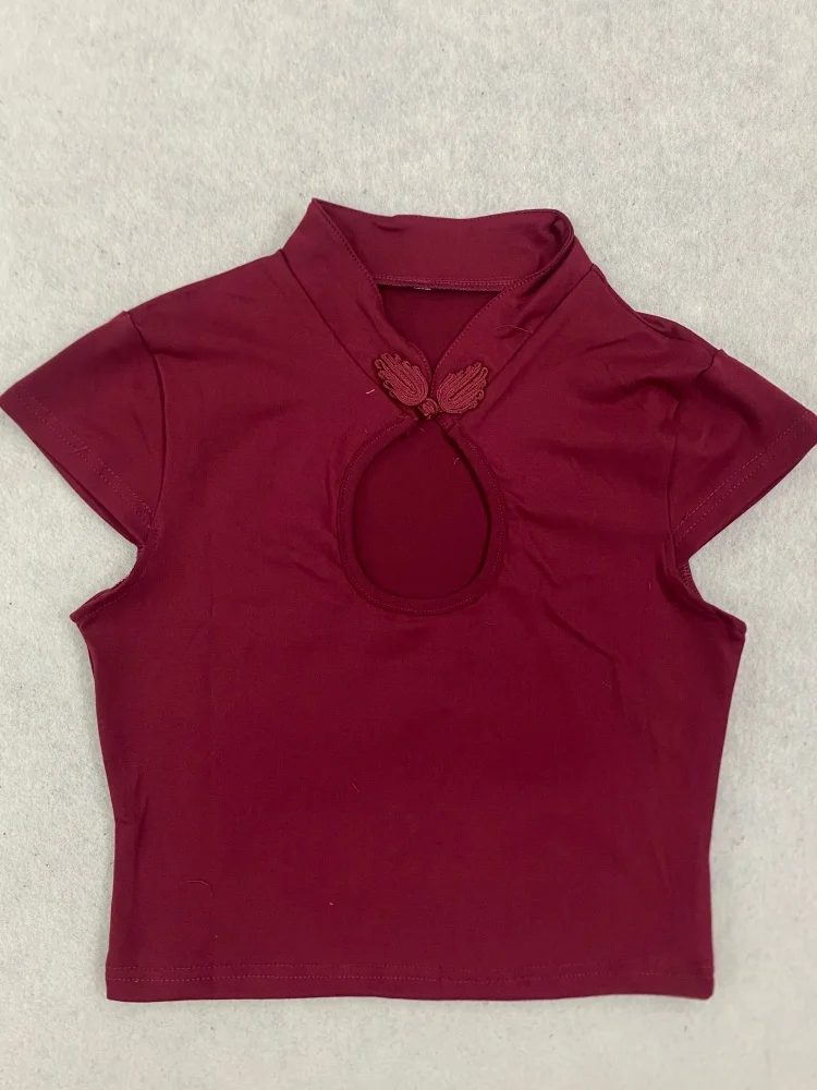 Wine Red New Chinese Qipao Crop Top Women Keyhole Frog Button Koi Bamboo Magpie Print Short Sleeve Blouse
