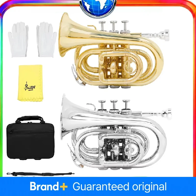 

SLADE Mini Pocket Trumpet in Bb Flat Brass Wind Instrument Set Mouthpiece Gloves Cleaning Cloth And Carrying Case for Beginners