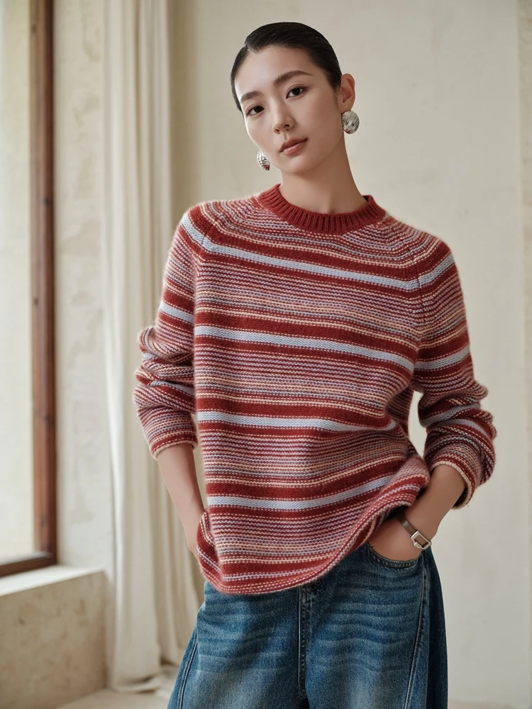 

MEETCC Women 100% Cashmere Sweater O-neck Striped Pullover Autumn Winter Chic Cashmere Knitted Warm Jumper Designed Tops