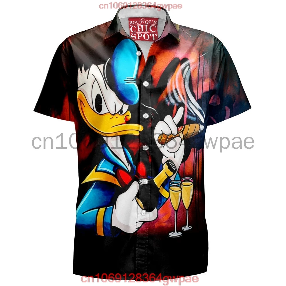 Donald Duck Hawaiian Shirt Men\'s Women\'s Short Sleeve Button Down Shirt Disney Graffiti Lapel Shirt Casual Retro Beach Shirt