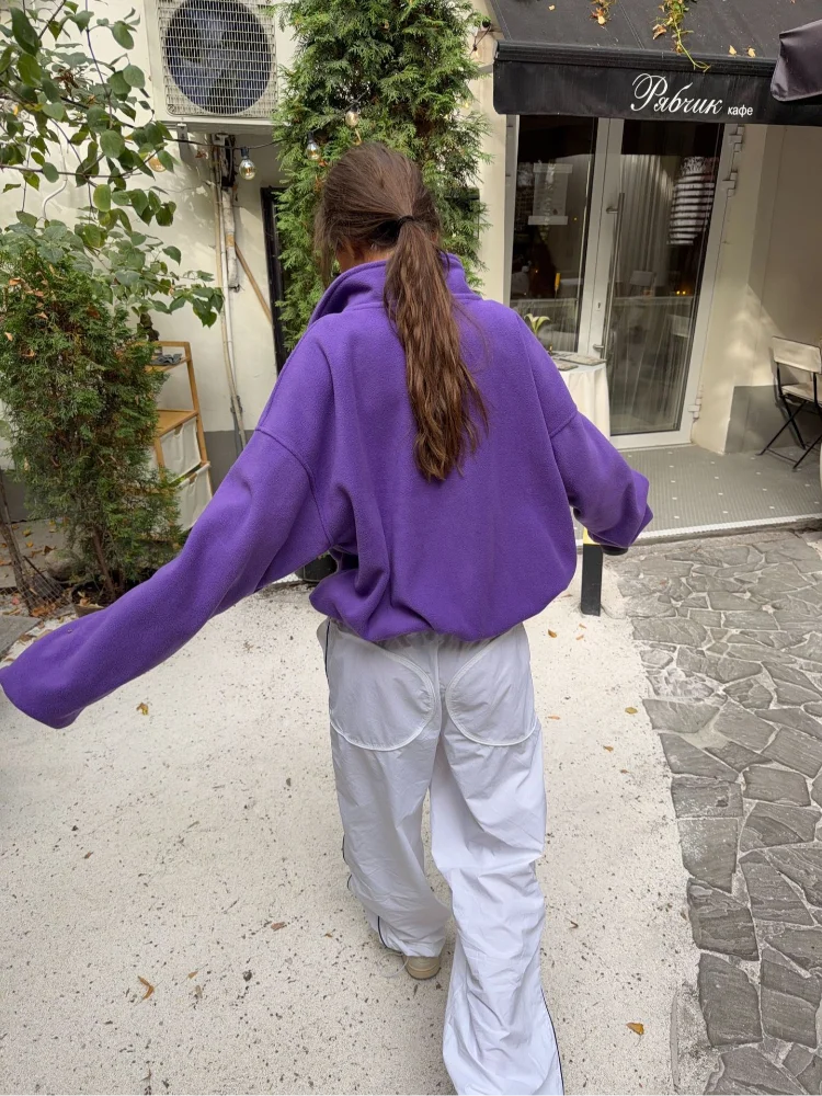 Womens Stand Collar Zip Fleece Jacket And Side Stripe Wide Leg Track Pants Two Piece Loose Fit Daily Streetwear Sport Outfit