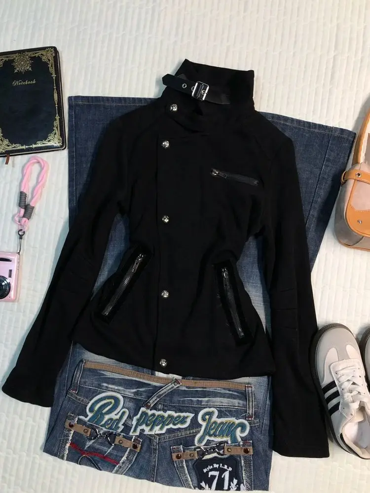 

Эстетическая мотоциклетная куртка Harajuku Y2k 2000-х годов, пальто с воротником-стойкой, уличная одежда, базовые зимние куртки для горячих девушек, топы, модные эмо-шик