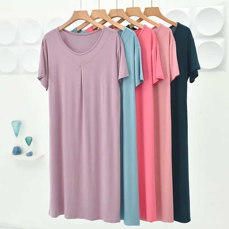 Camisón de gran tamaño para mujer, vestido de dormir de Modal, camisones de cuello redondo, ropa de casa de verano