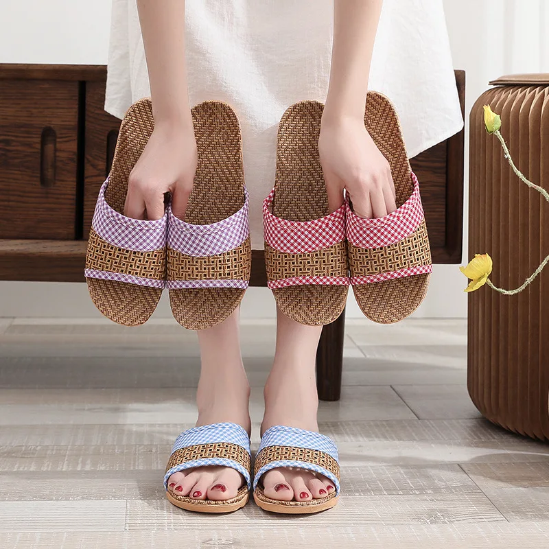 Mn Women Fashion Butterfly Knot Slip On Slides Indoor Home Slippers Shoes Summer Straw Beach Slippers Female Linen Flip Flops