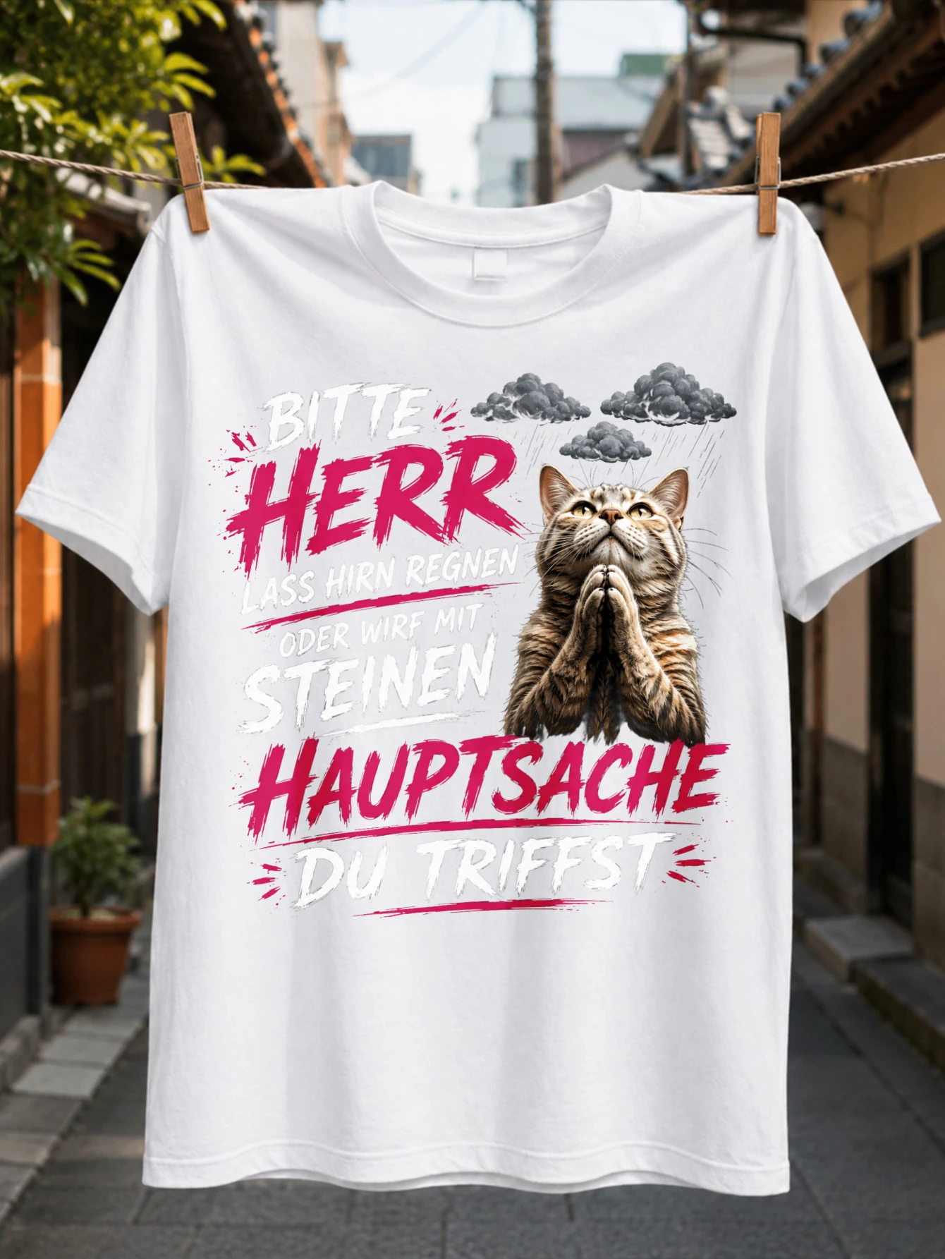 Praying Cat German Humor with rain clouds stones pink Bitte Herr text and comic wishful sarcasm  Unisex All T-Shirt