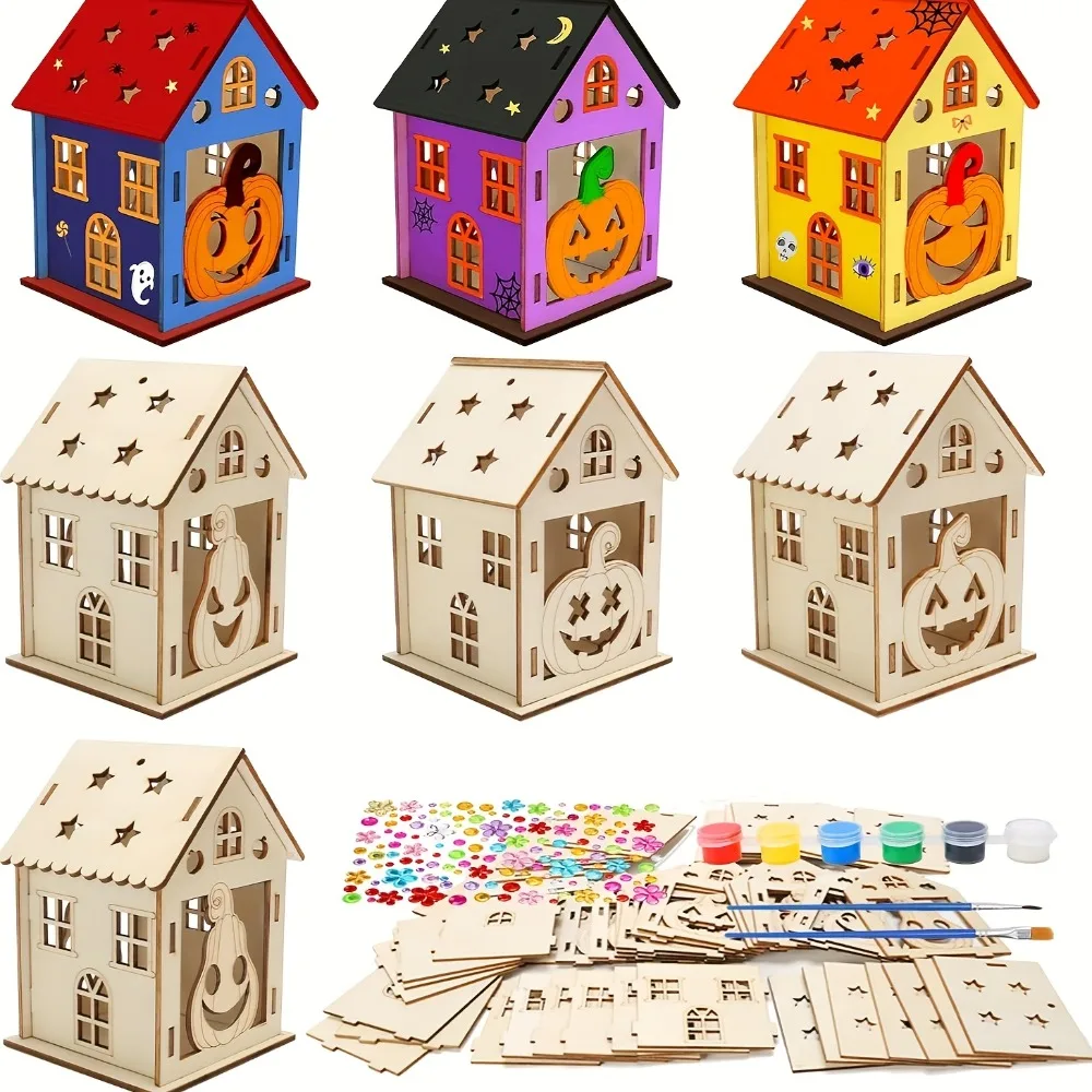 

Wooden Pumpkin House Craft for Kids DIY Paint Halloween Art and Craft Project for Halloween Home Decoration Party Favors Gift