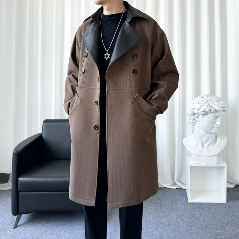 

Men's Trench Coat Slim Fit Single Breasted Belted Windbreaker Leather Long Jacket Casual Windproof Overcoat in Men's Trench