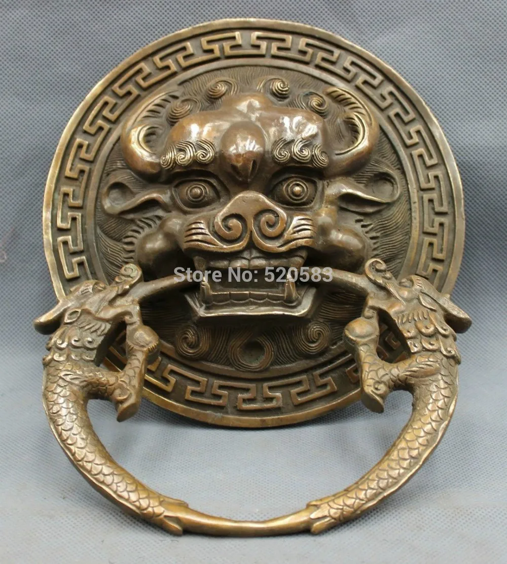 

10inch Chinese Copper Bronze Guardion Lion Mask Statue Ward Evil Gate Door Knocker