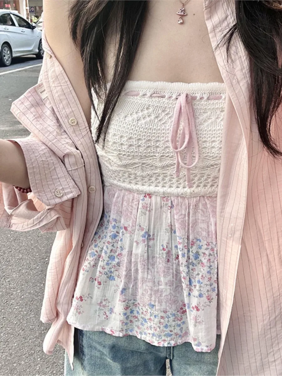 

Floral Sexy Knitted Patchwork Tube Tops Woman Lace-up Strapless Hem Slim Cropped Camisole Female Streetwear Sweet Crop Top Y2K