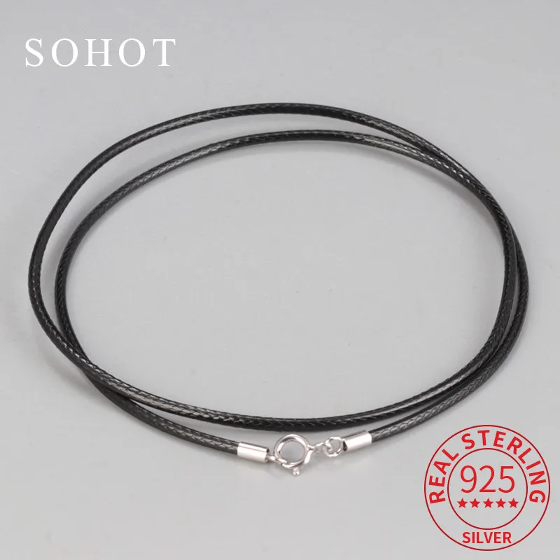

Real 925 Sterling Silver Black Leather Rope Minimalist Choker Necklace For Women Trendy Fine Jewelry Geometric Accessories