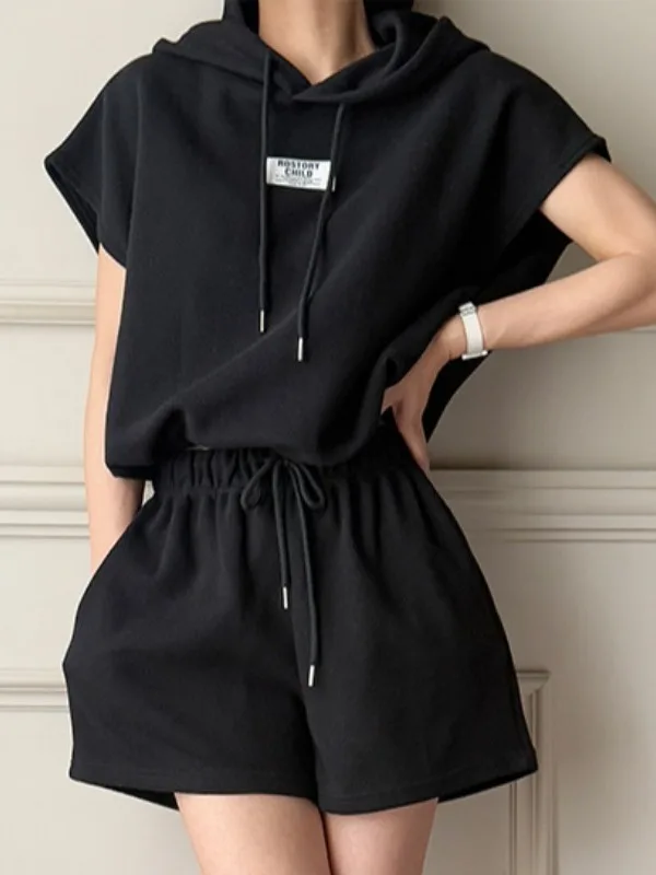 เสื้อสเวตเตอร์มีฮู้ดลำลองพร้อมเชือกผูกแบบแพทช์เวิร์คสำหรับผู้หญิง ชุดกางเกงเอวสูงสำหรับฤดูร้อน สไตล์เรียบง่ายและสง่างาม