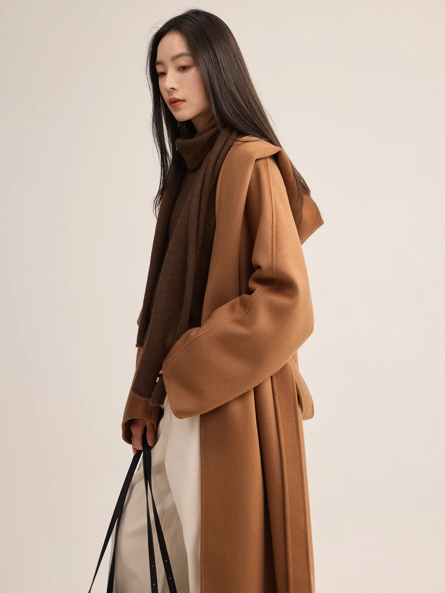 

Fuxu 00% Camere Coat 442 Microns Long Hooded Mid-Length Belted Women's Woolen Outerwear Winter Faion mat Sle