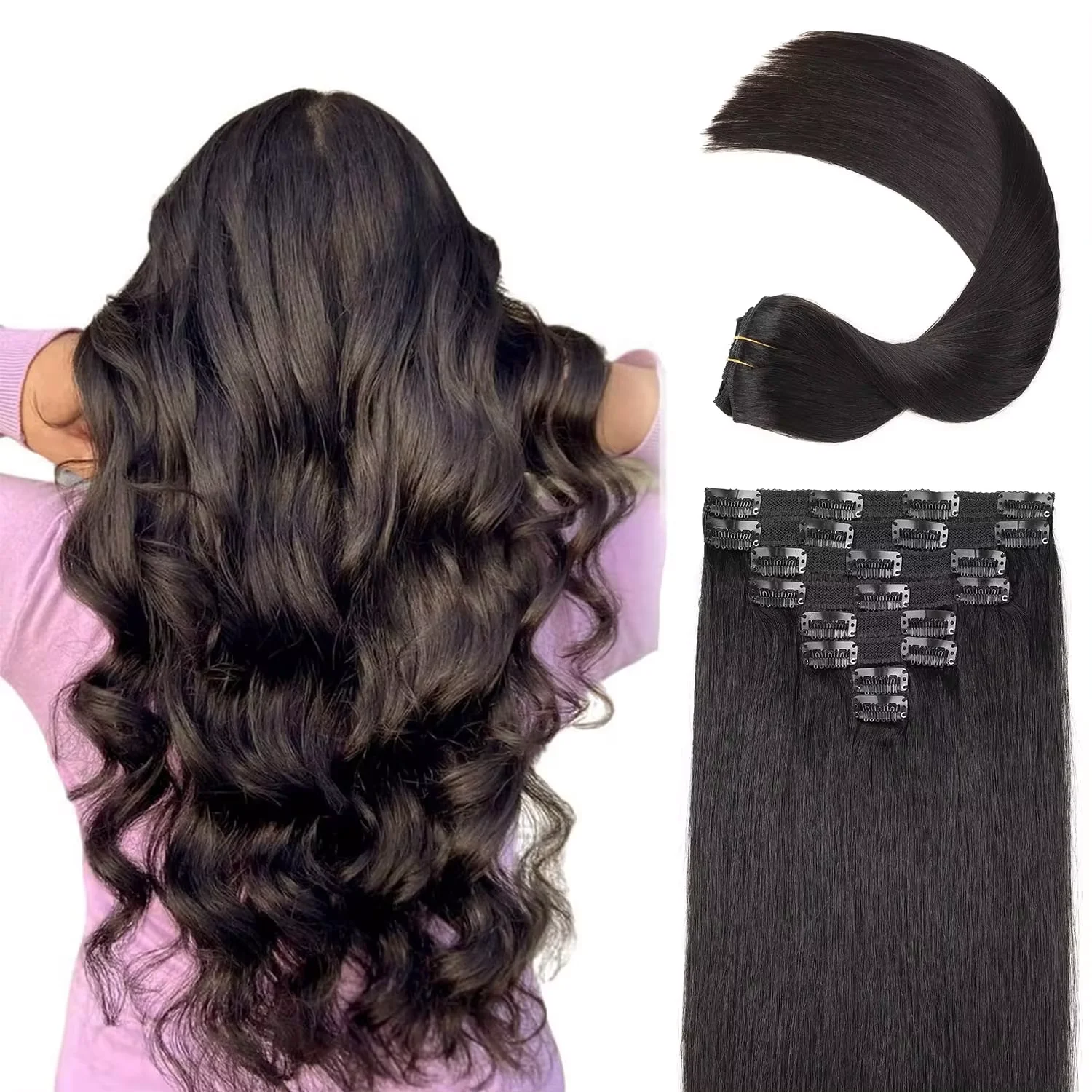 

Clip in Hair Extensions Straight Per Set with 18 Clips 8pcs 120G Double Weft Virgin 100% Human Remy Hair Natural Black Color