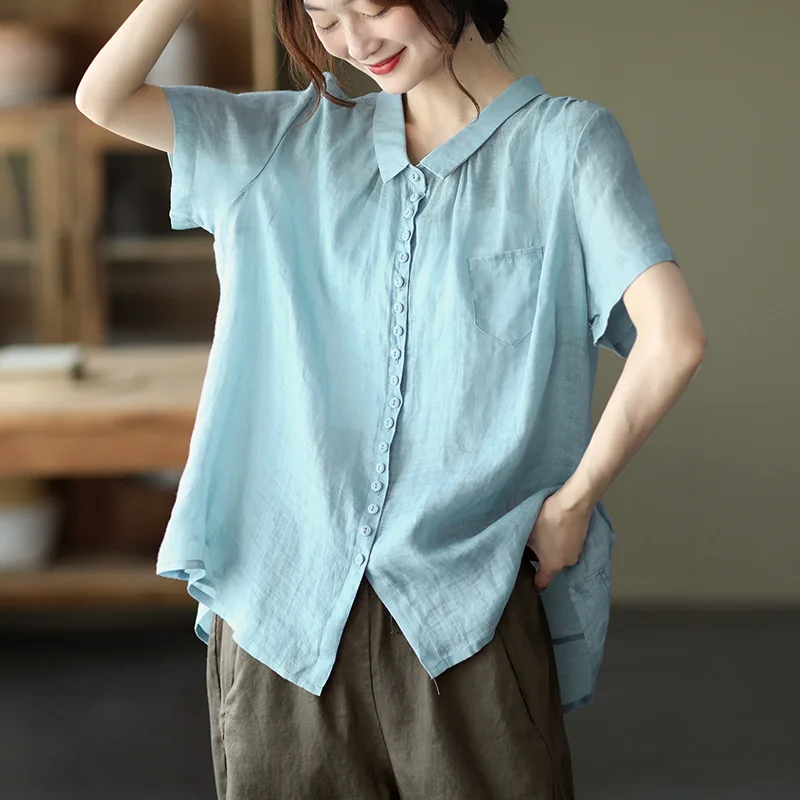 

NINI WONDERLAND 2024 Summer Ramie Casual Shirt Women's Loose Turn-down Collar Solid Color Blouse Mori Girls Style Shirt Tops