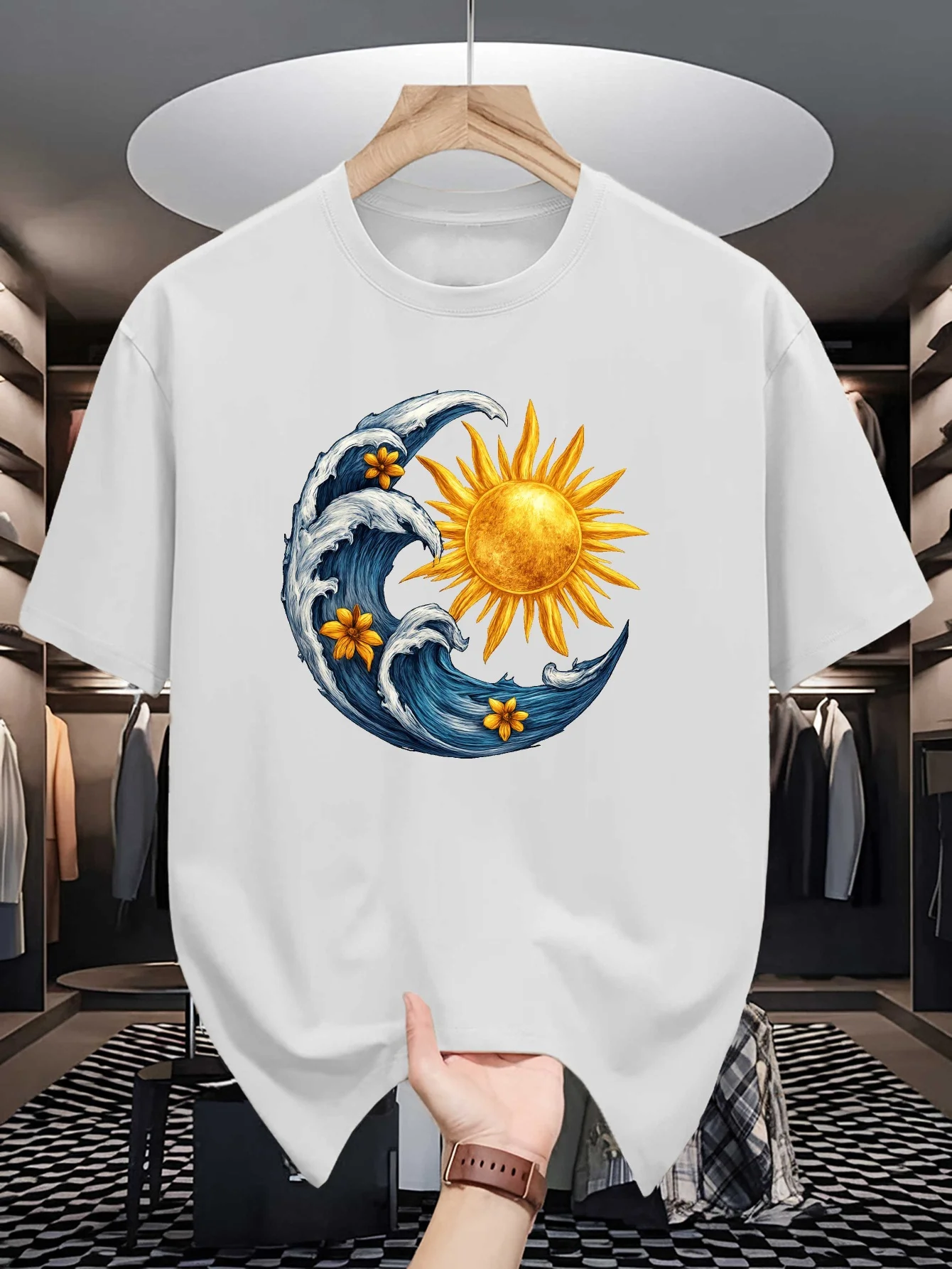 Men Crew Neck T Shirt Sun Moon Wave Floral Art Graphic Tees Short Sleeve Loose Fit Casual Mens Top For Outdoor Daily Street Wear