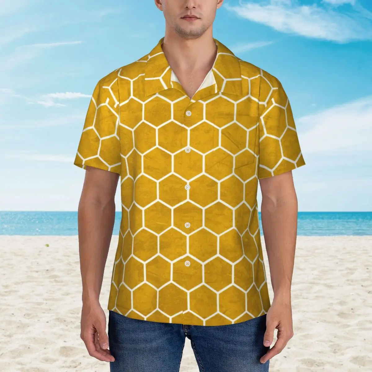 

Geometry Print Casual Shirt Yellow Hexagon Classic Hawaiian Shirts Male Short-Sleeved Vacation Harajuku Design Oversized Blouses