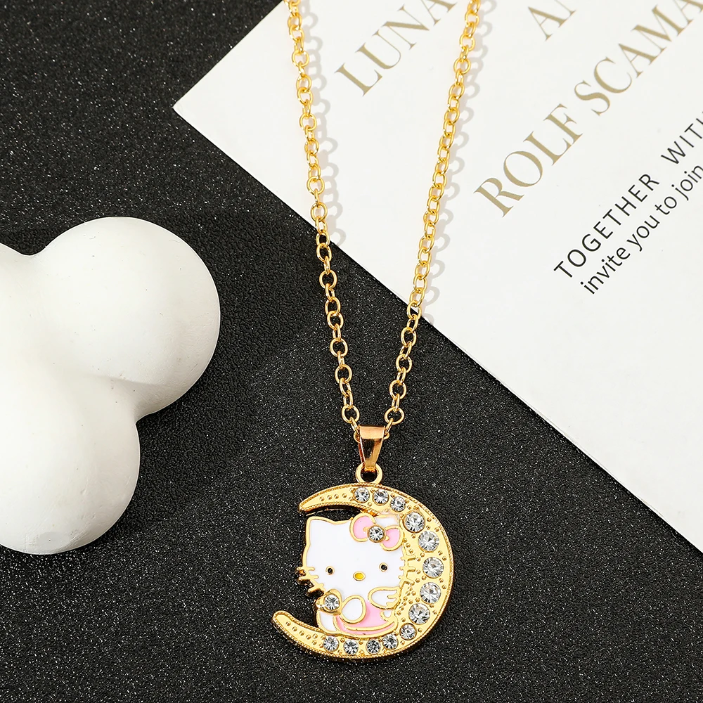 Gold Color Shiny Crystal Moon Hello Kitty Pendant Necklaces for Women Teen Girls Birthday Party Favors Gifts for Sanrio Fans