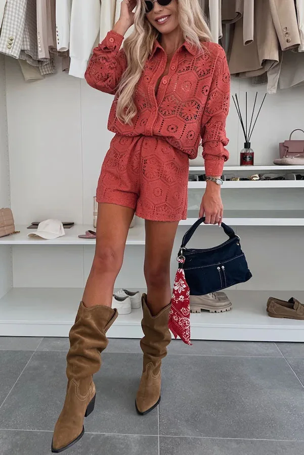 

Fashion Solid Color Lace Cardigan Shirt + Shorts Suit For Women Summer Stand Collar Single Row Top Shorts Suit For Women2025