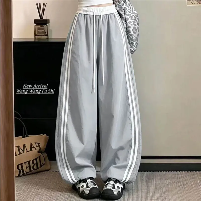 Dual Side White Stripe Quick Dry Hip Hop Wide Leg Pants Unisex Loose Straight Trousers Streetwear Casual Sports Daily Sweatpants