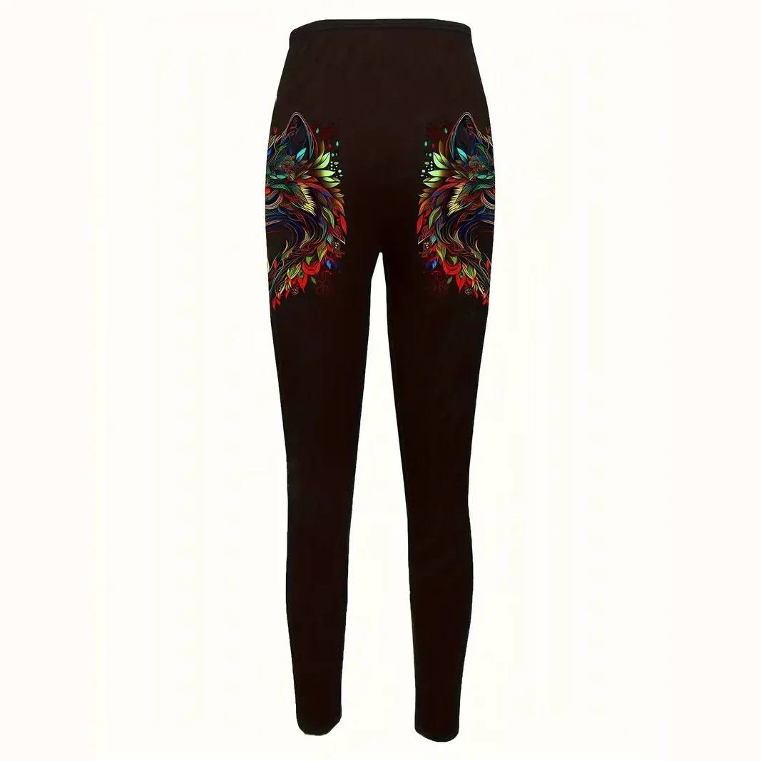 Colorful Wolf head print elastic elastic waist slim-fit leggings for women