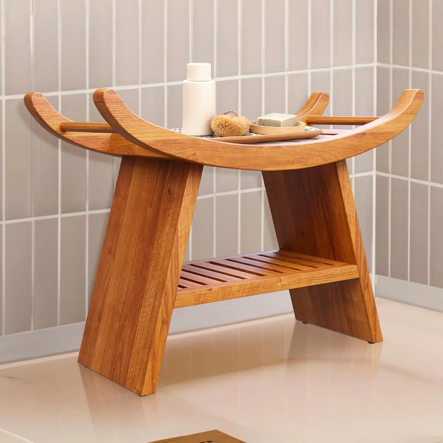 Bench for Inside Shower - Heavy Duty Shower Chair with Ergo Curved Teak Shower Seat Design & Nonslip Feet - 350lbs Cap Teak Bath