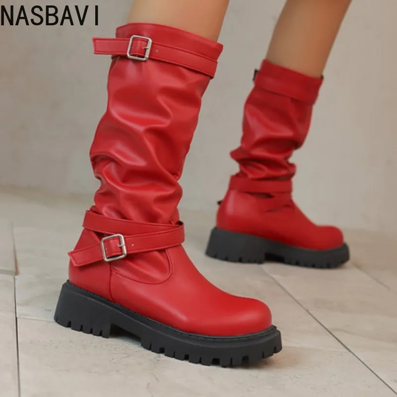 

Western Cowboy Boots High Tube Thick Bottom round Head Chunky Heel Women's Boots Spring Autumn Winter Mid-Calf Riding Boots