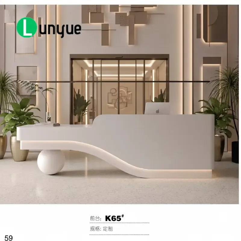 Modern Luxury White Oblong Wood LED Light Reception Desk Front Counter for Hotel Office School Clinic Design