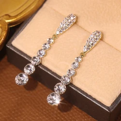 Trendy Shiny Crystal Drop Earrings for Women Wedding Party Long Jewelry Elegant Rhinestones Round Geometry Dangle Earrings