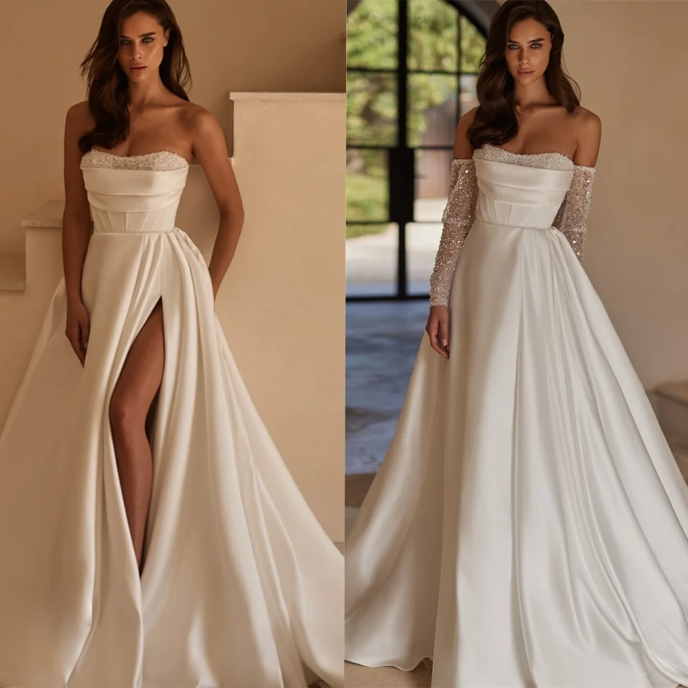 فساتين المشاهير الرسمية المصنوعة من الساتان الأبيض المخصصة الكلاسيكية بدون حمالات وأكمام قابلة للانفصال وفتحة جانبية وسحاب خلفي رداء السهرة