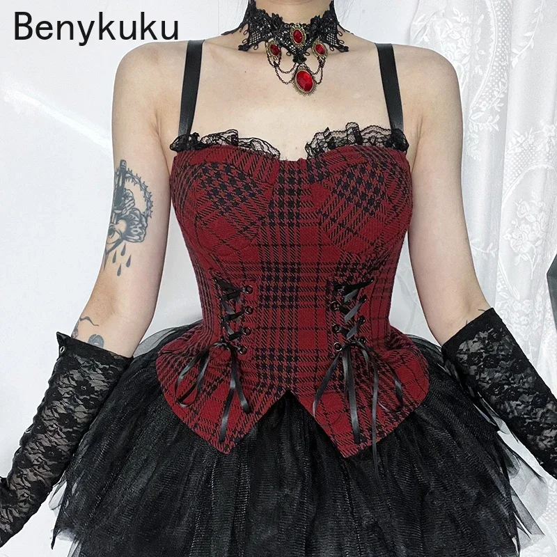 Red Plaid Lace Patchwork Tank Top Women Aesthetic Mall Goth Retro Bandage Sleeveless Cropped Vest Y2K Clothes Crop Tops Camis