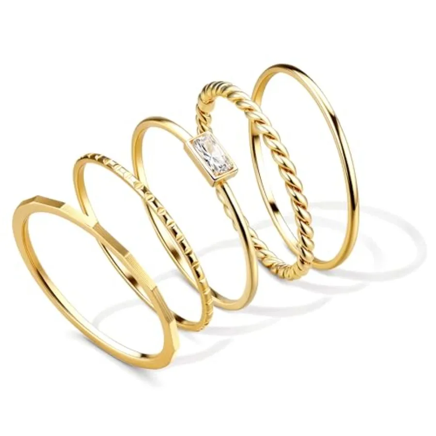 

Stackable Rings for Women Non Tarnish - 14K Plated Waterproof Thin Band Ring Set - 1mm Minimalist Stainless Steel Stacking Dain
