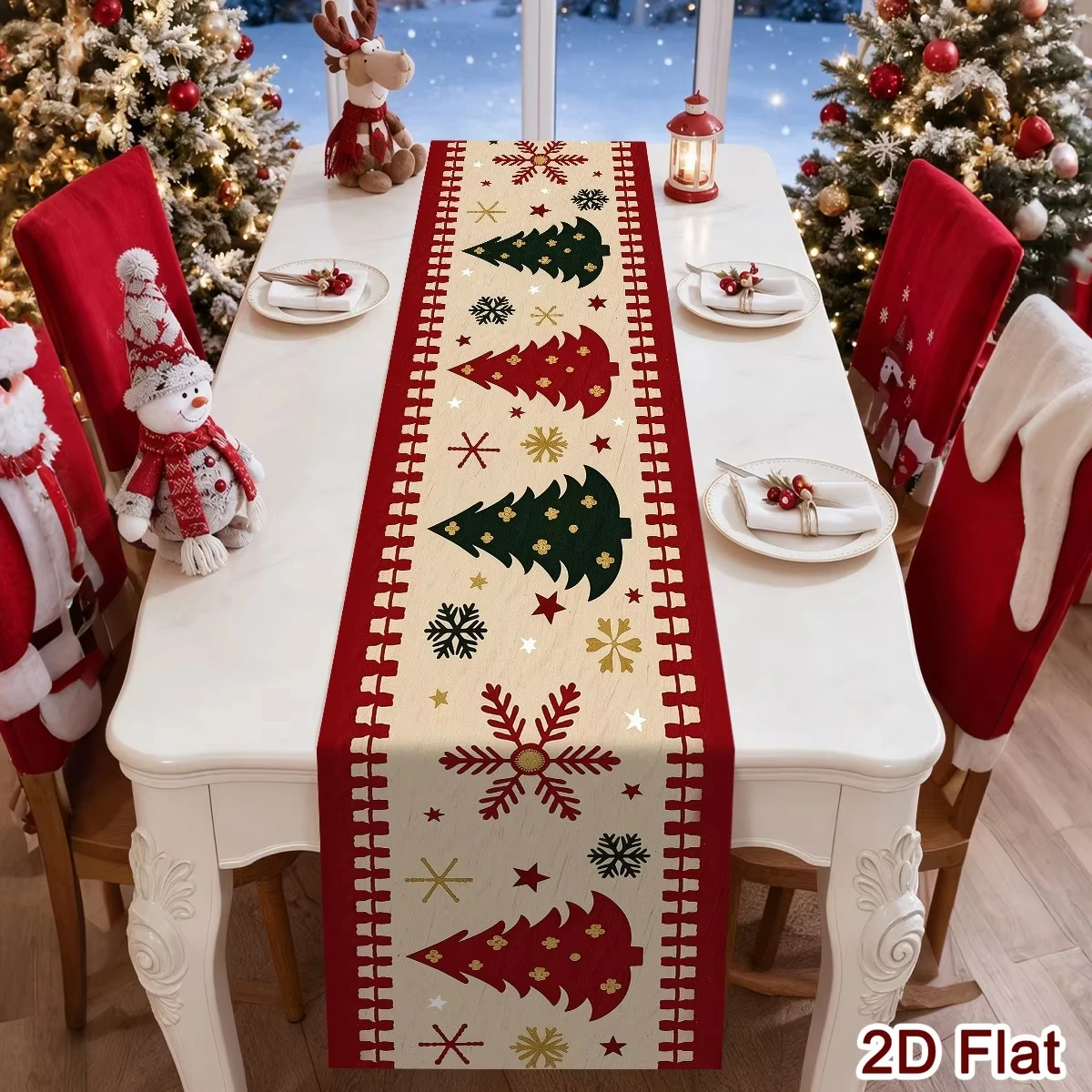 1pc Christmas Table Flag Table Runner Vintage Xmas Tree and Snowflake Pattern Holiday Table Cover for Dining Room Desktop Decor