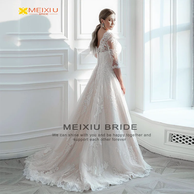 New Applique Mid-Sleeve Crewneck Wedding Dress Custom Sparkling Lace Floral Design A-Line Train Beautiful Bridal Gowns