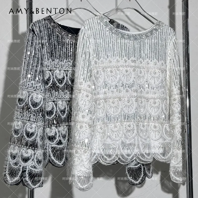 

American New Style Long Sleeved Socialite Round Neck Blouse Stage Luxury Trendy Plush Beaded Sequin Pearl Women's Pullover Shirt