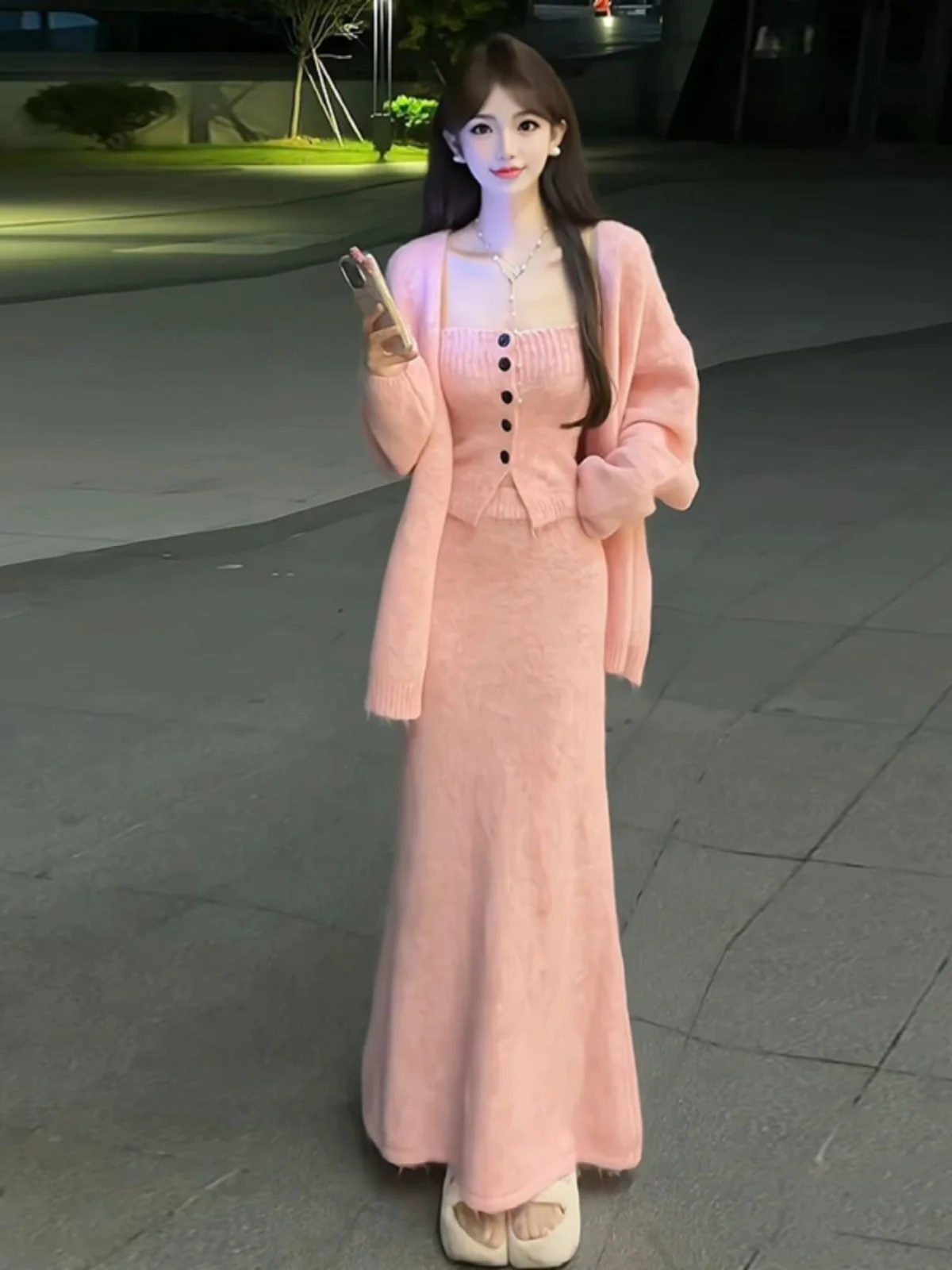 

Розовый укороченный свитер и комплект с юбкой: осенне-зимний повседневный стиль, высокая талия, на пуговицах, с длинными рукавами, модный комплект из трех предметов для женщин