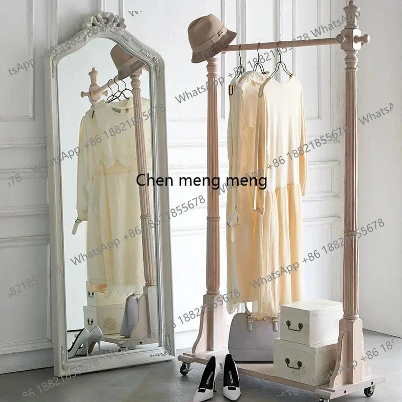 European full-body mirror wall-mounted custom size retro white floor-to-ceiling wooden frame engraved full-length mirror home