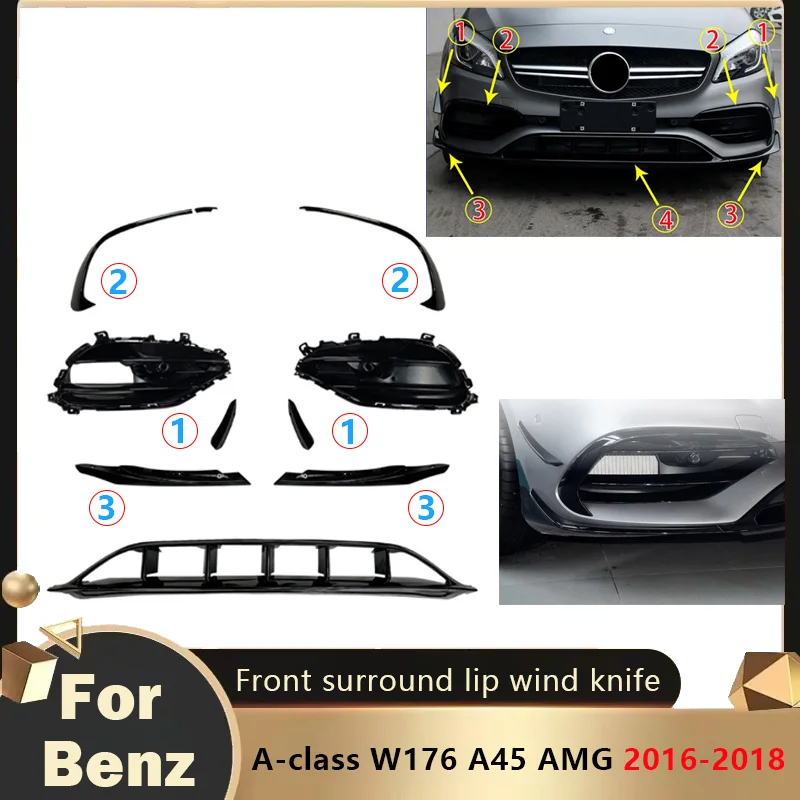 Für Mercedes-Benz A-Klasse W176 A45 AMG 2016 2017 2018 Frontstoßstangenlippe umgeben Frontlippe Luftmesser Nebelscheinwerfer Grill modifiziert