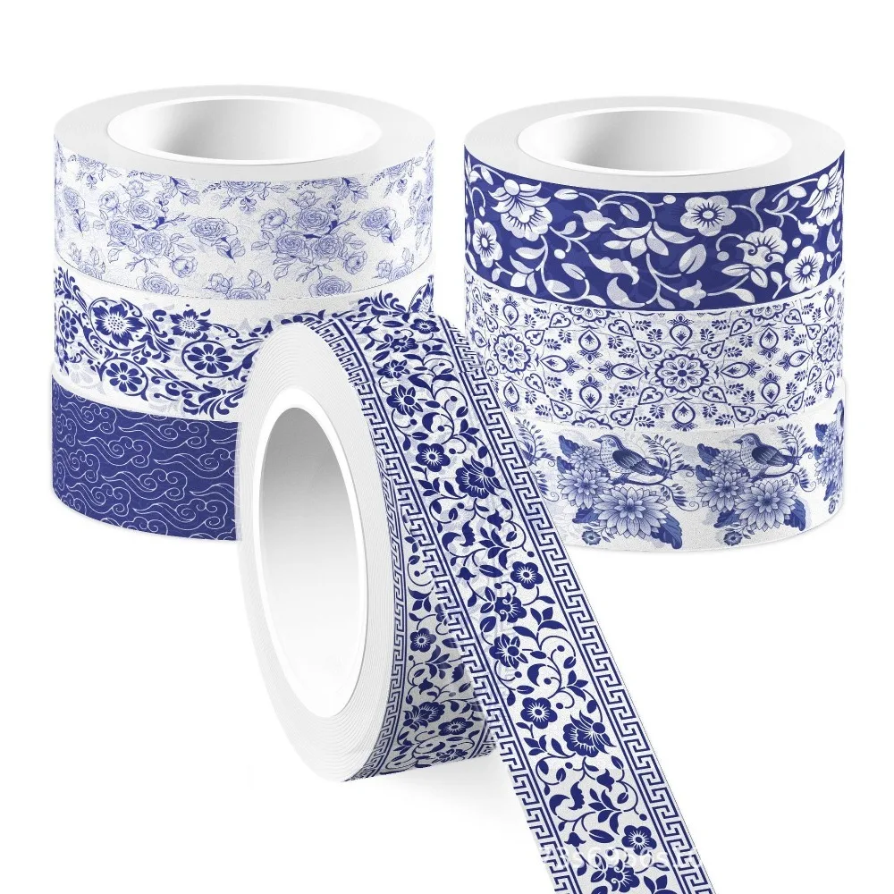 12 Roll/Set 1.5cm Wide Washi Tape Adhesive Blue and White Porcelain Masking Tape Chinoiserie Design Decor Stickers