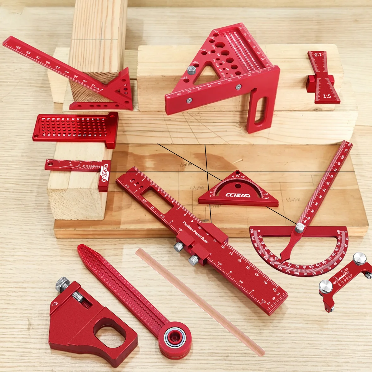 12Pcs Aluminum & Plastic Woodworking Measuring Marking Tool Multi-angle Carpenter Layout Gauge Kit Table Saw Positioning Ruler