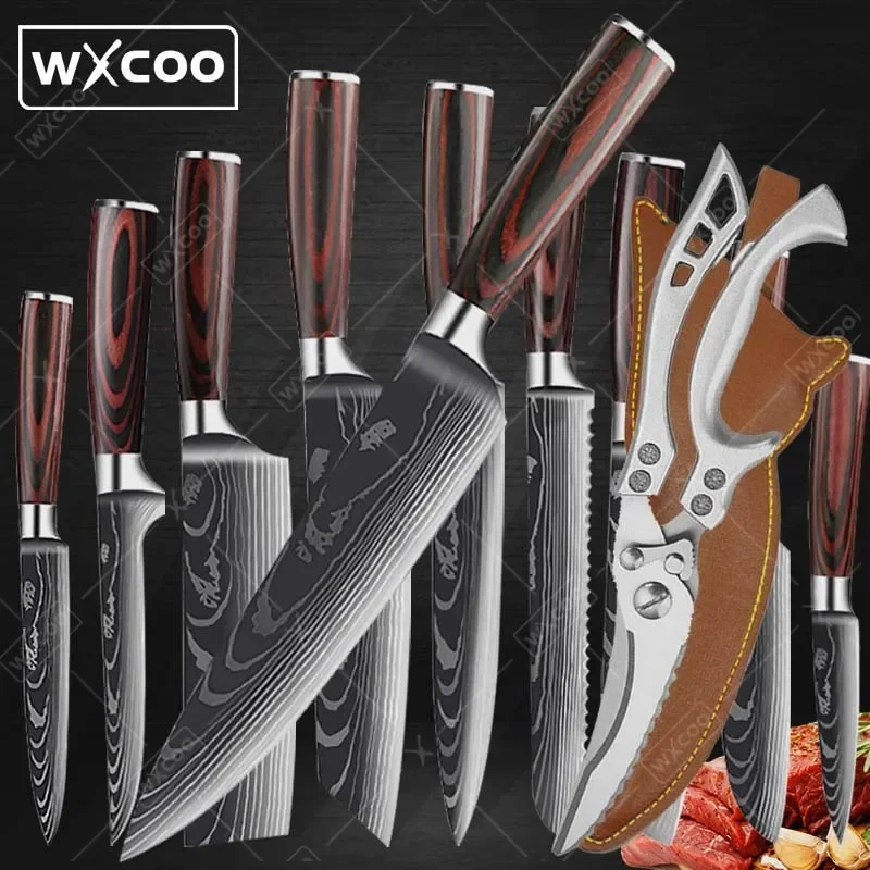 

Kitchen Chef Knife Set,High Carbon Stainless Steel Damascus Drawing Gyuto Cleaver Set Slicer Santoku Chef Knife Kitchen Scissors