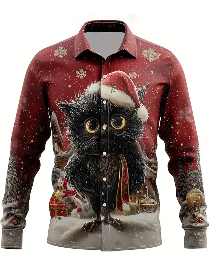 2026 Men's Christmas Snowflake Bell 3D Tree Printed Formal Shirt Santa Claus Elk Pattern Long Sleeve Shirt Fashion Men's Shirt