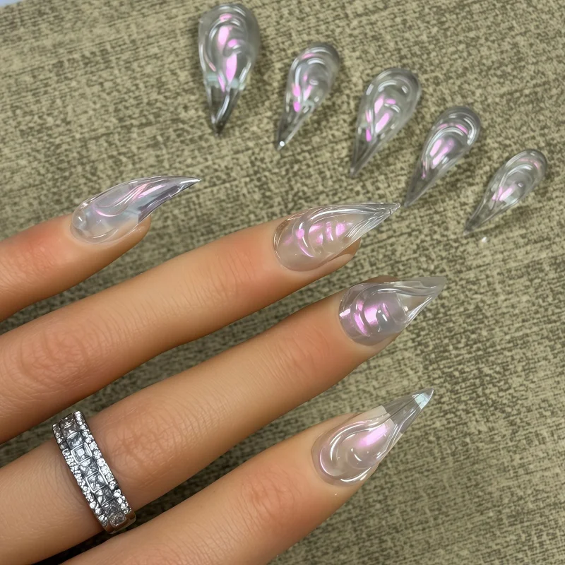 10-pecas-de-unhas-posticas-de-gel-transparente-rosa-aurora-com-efeito-arco-iris-estilo-sereia-com-linhas-abstratas-brilhantes-e-pontiagudas