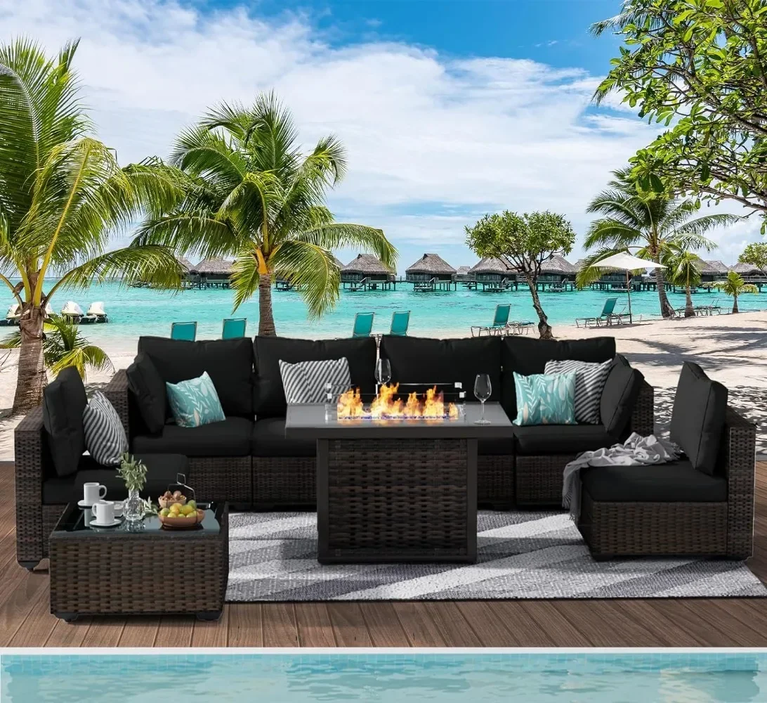 

8 Piece Patio Furniture Sets with Fire Pit Table All Weather Outdoor Sectional PE Rattan Patio Conversation Sets with Cushions